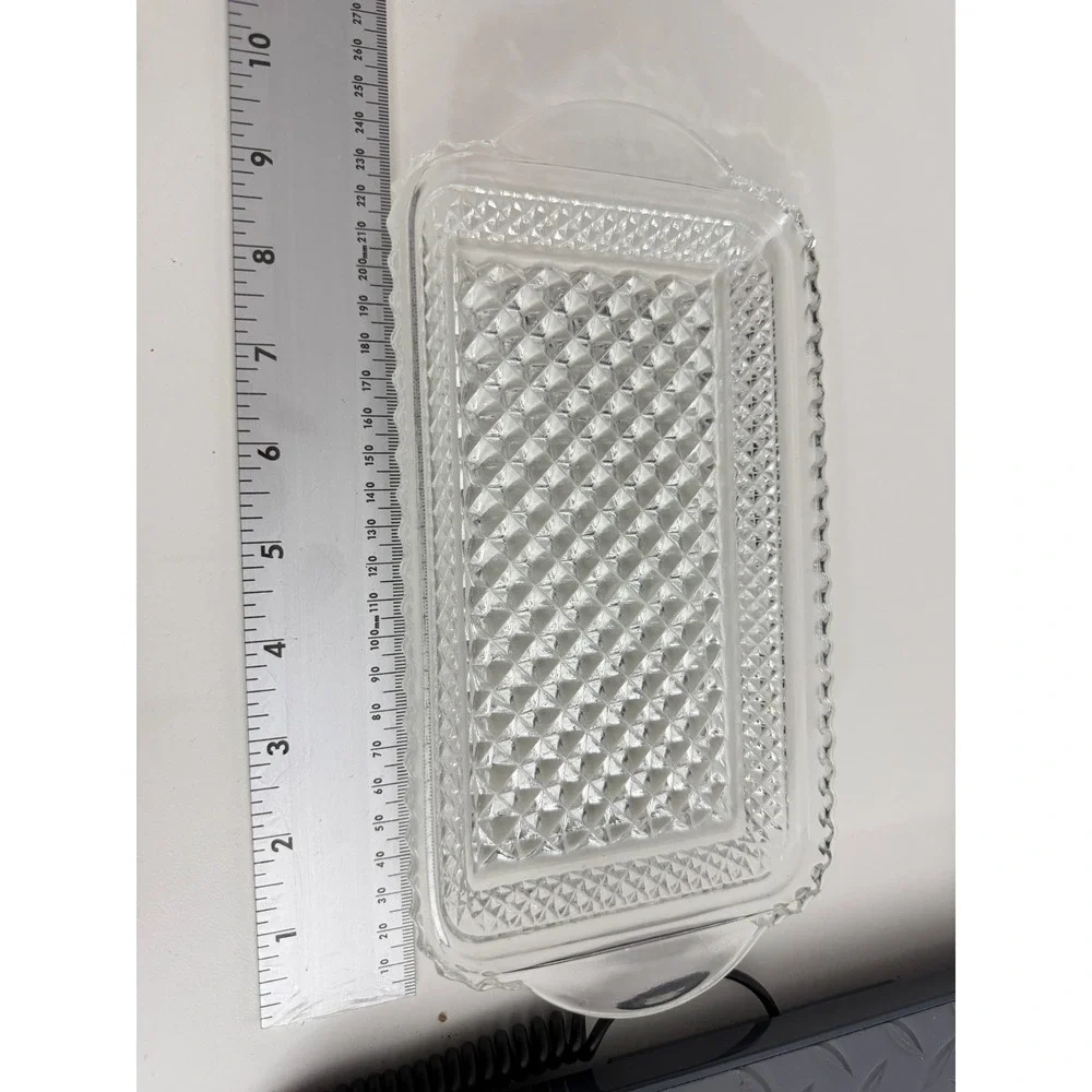 Vintage Clear Pressed Glass Tray Diamond Point Pattern Scalloped Edge 9.5in